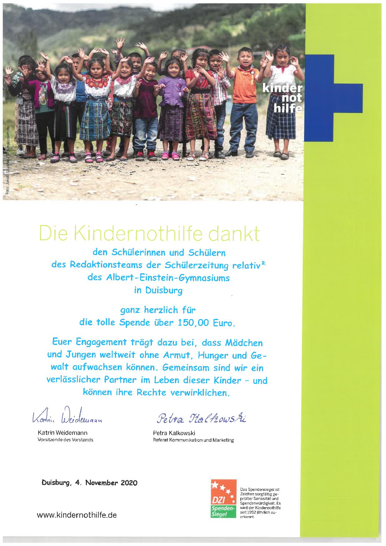 Urkunde Kindernothilfe AEG2020